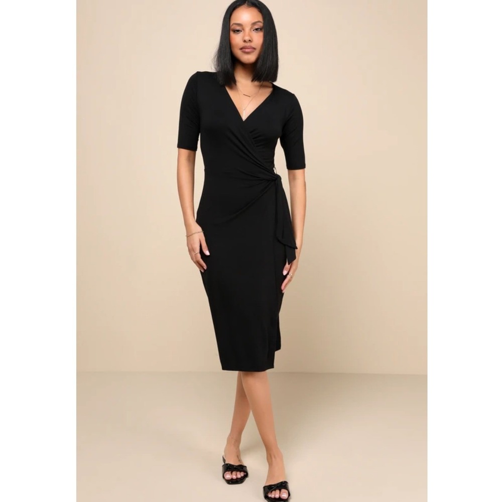 Lulus Forget Me Knot Black Midi Wrap Dress V-Neck Short Sleeve Side Tie NWT M